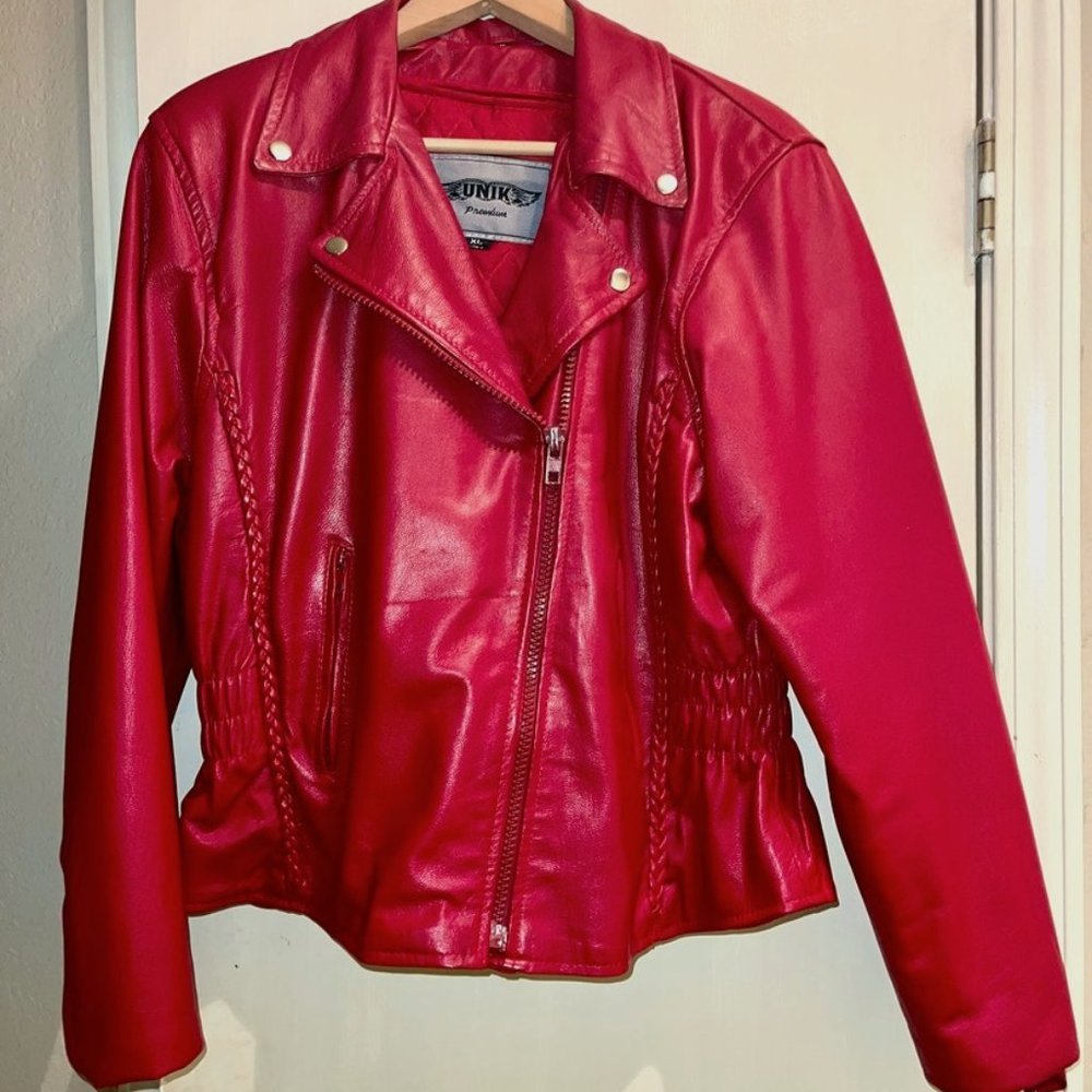 Red Leather Heavy Motorcycle Jacket Zip out liner